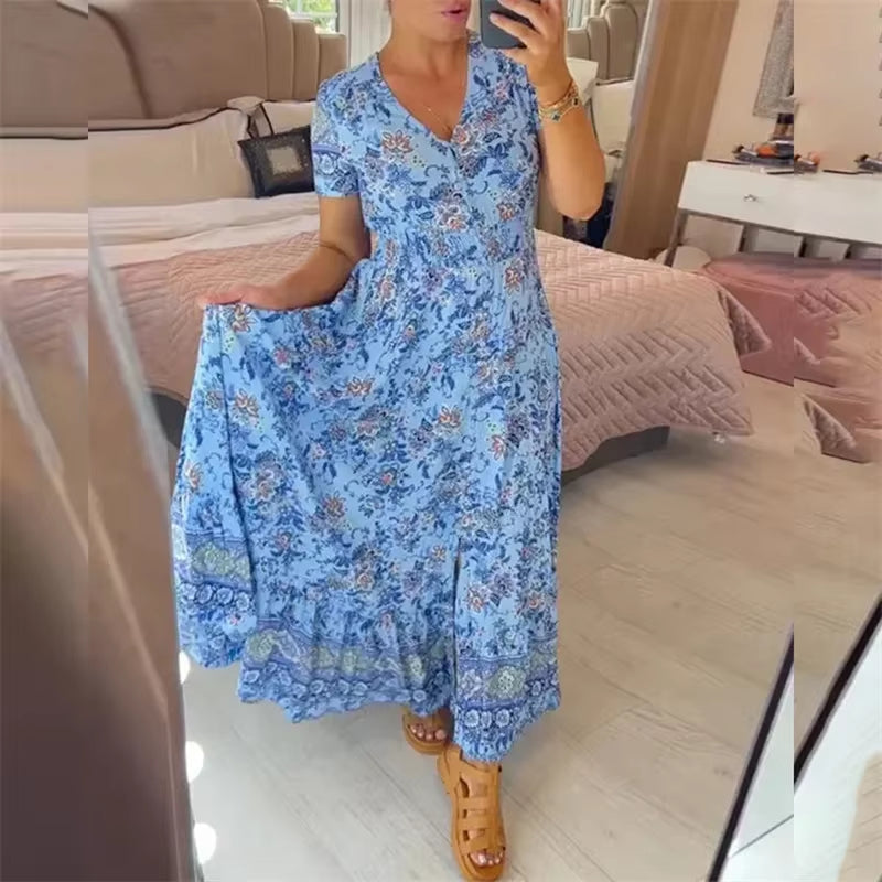 Elegant Women’s Flower Print Deep V-Neck Dress