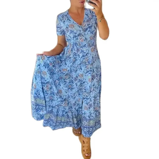 Elegant Women’s Flower Print Deep V-Neck Dress