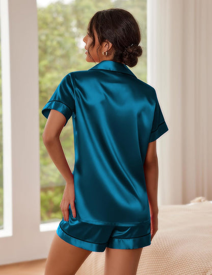 Pajamas for Women Set Silk Satin Pjs Button down Sleepwear Summer Loungewear Top and Shorts Lounge Set S-XXL