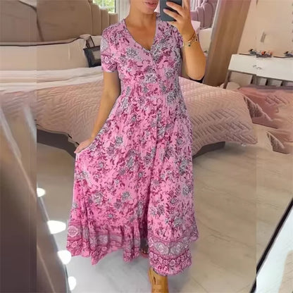 Elegant Women’s Flower Print Deep V-Neck Dress